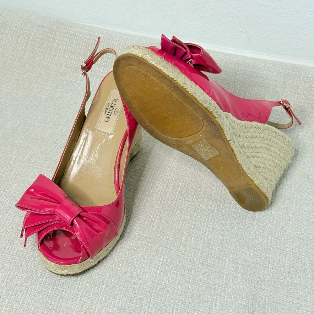 Valentino Garavani Fuchsia Patent Bow Wedge Sandals EU 38 US 8 Box